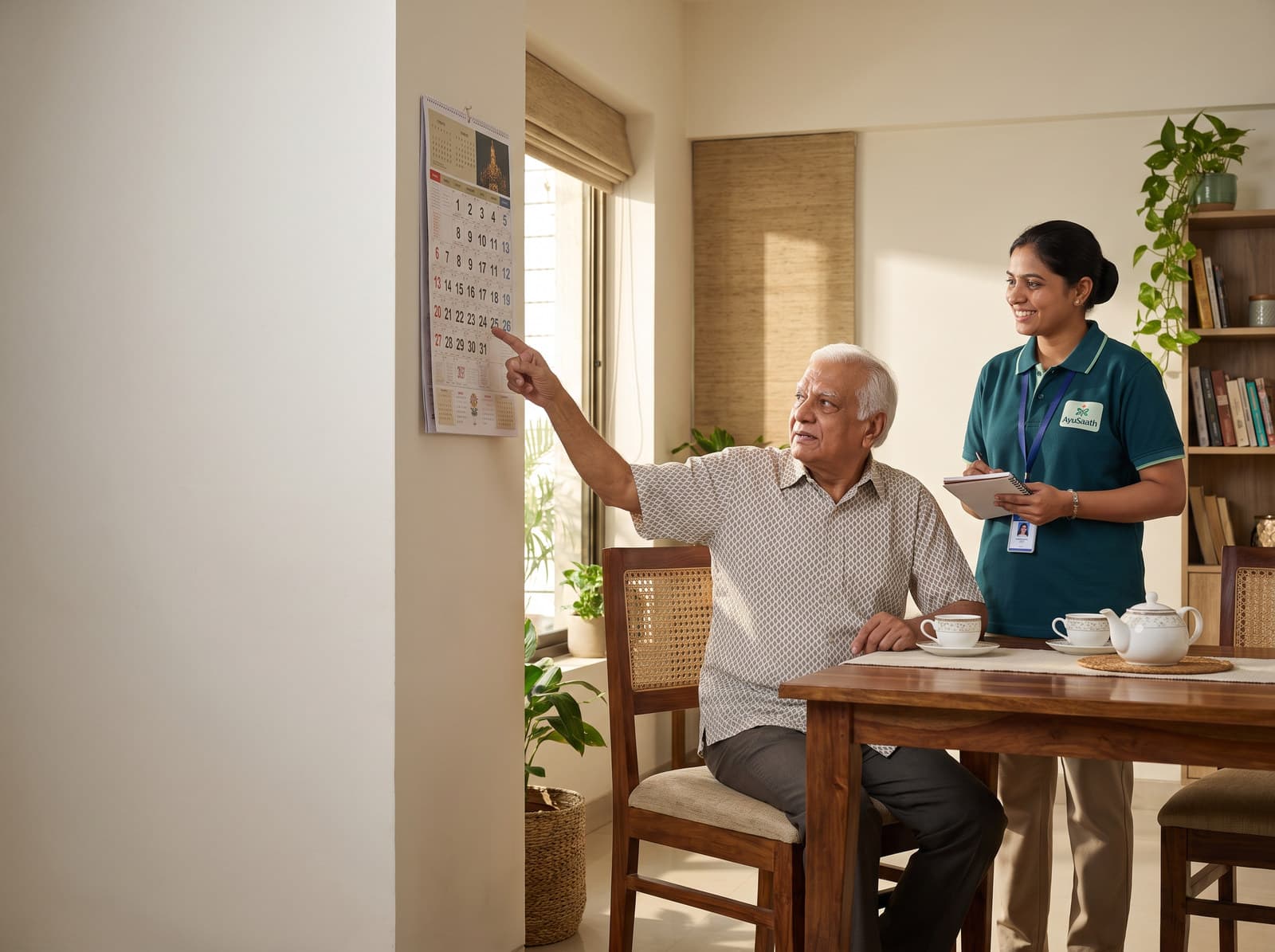 A care assistant sitting with an elderly woman at home, in conversation over tea