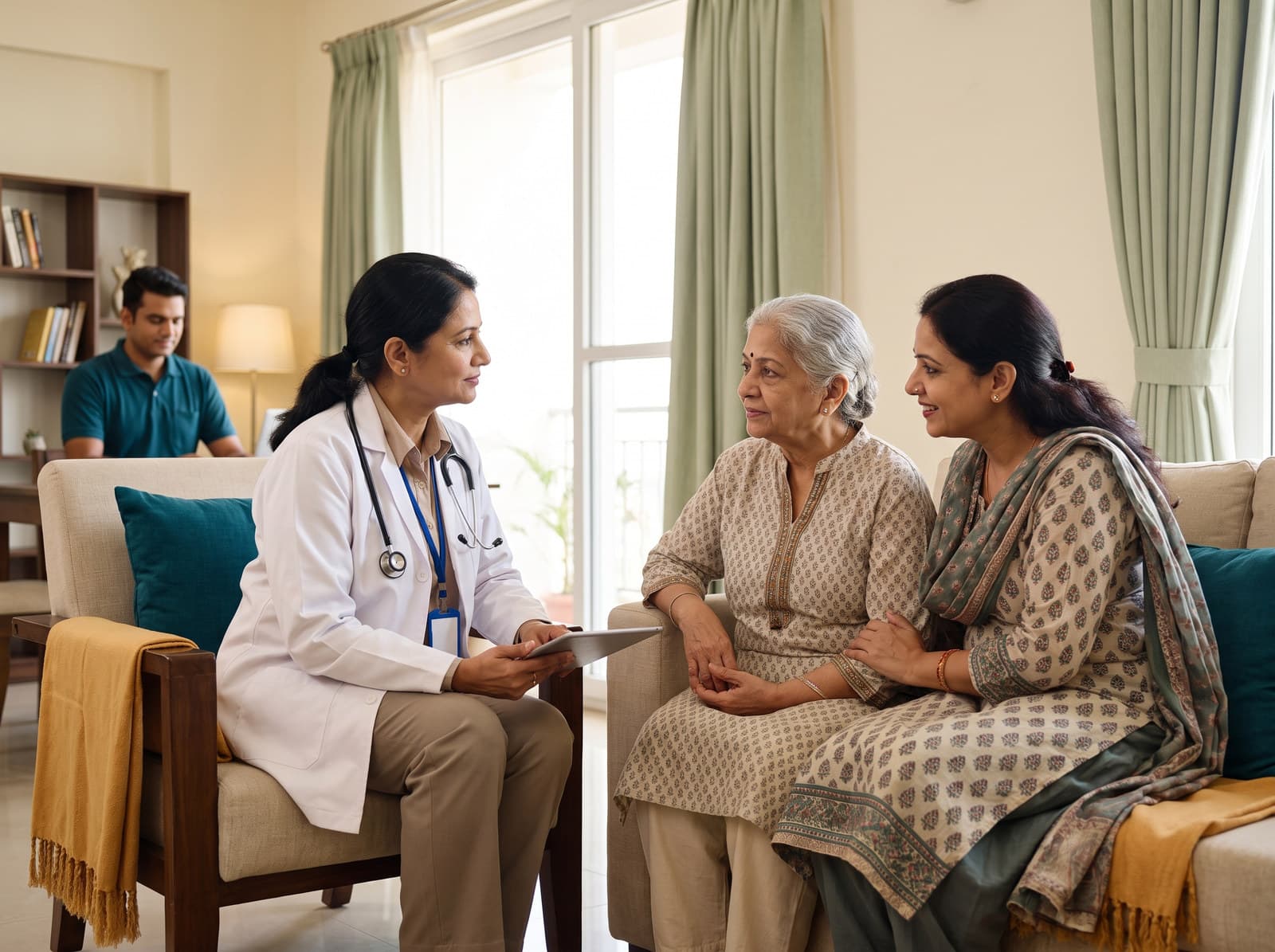 A doctor consulting with an elderly patient and their family member