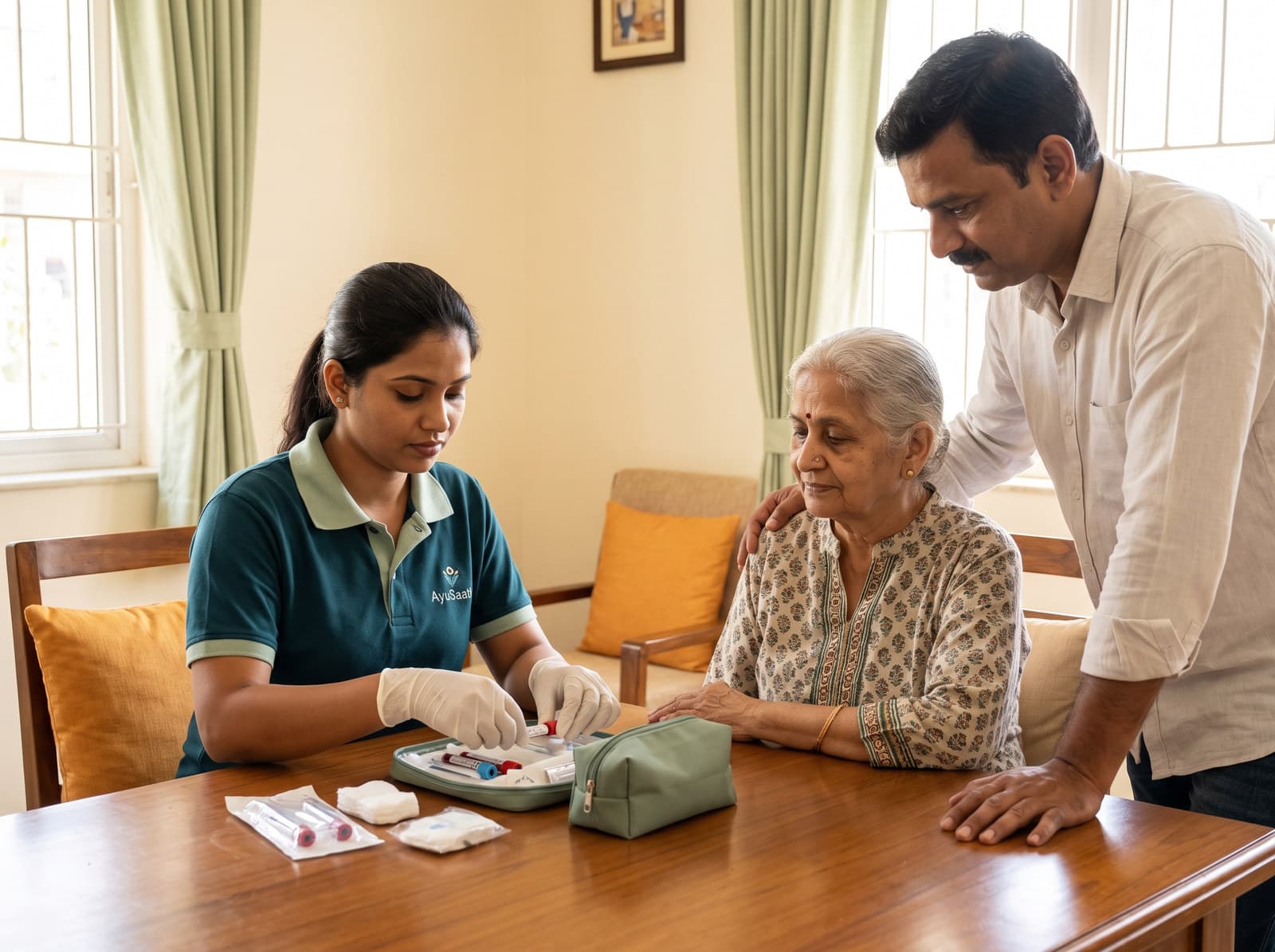 A healthcare technician preparing a home sample-collection kit while an elderly woman and her son look on