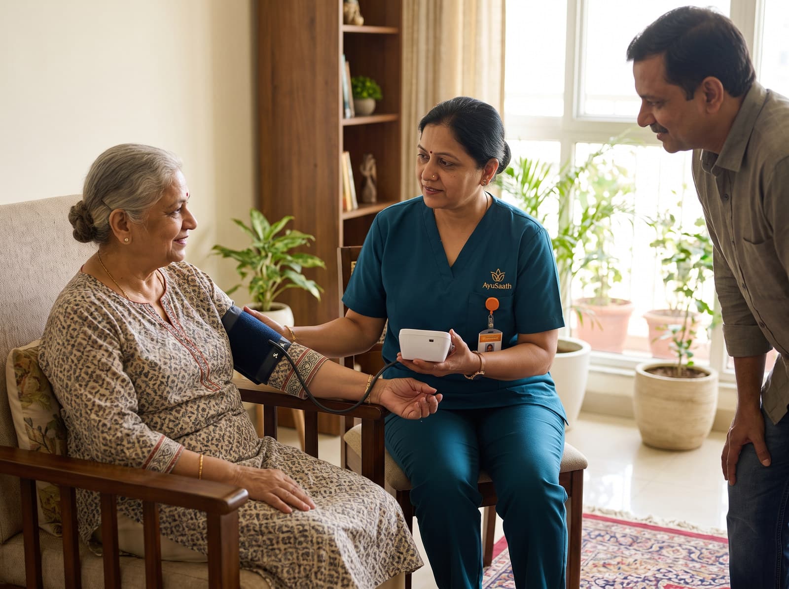 A nurse checking an elderly man's blood pressure and recording the reading