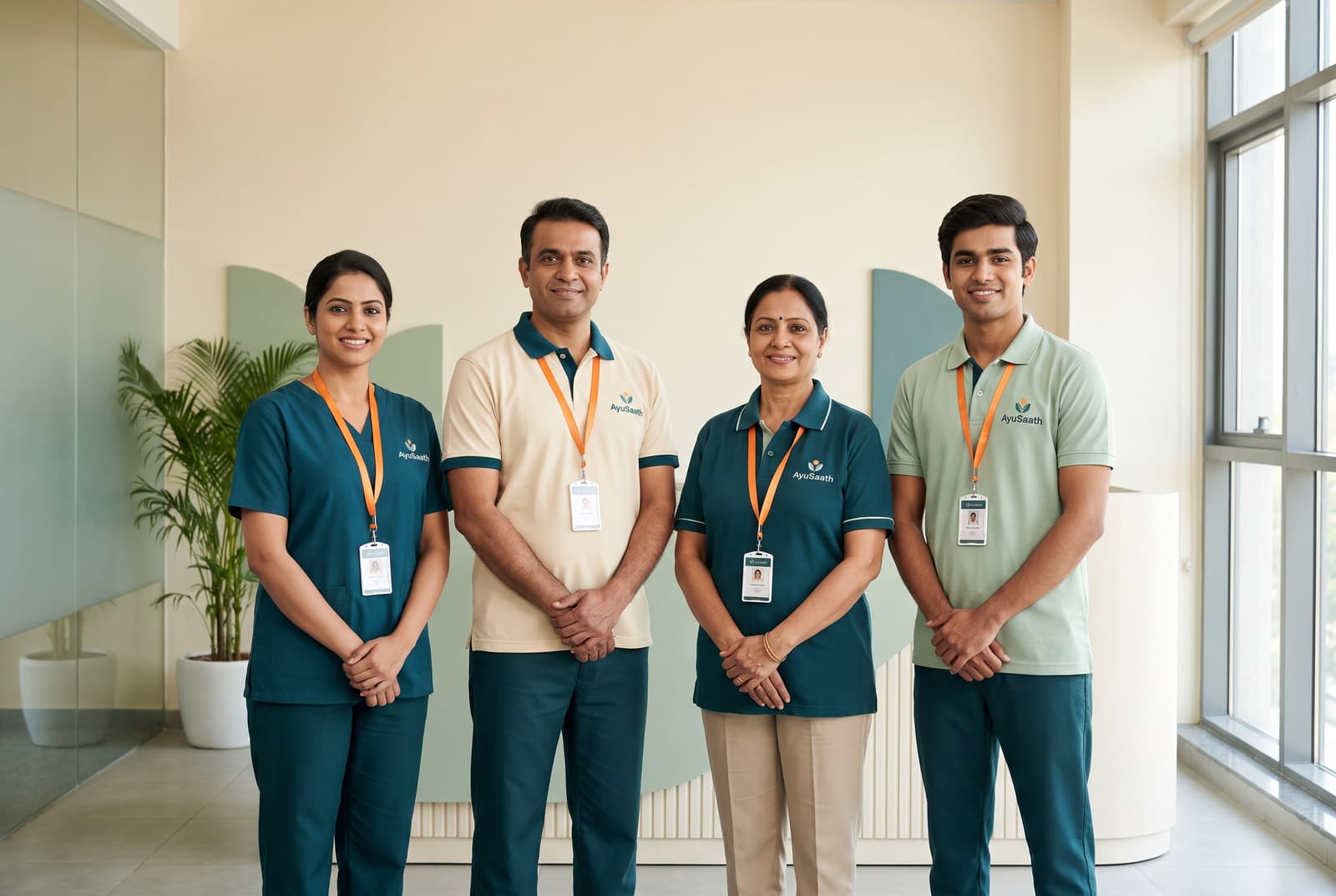 A team of care professionals — a nurse, a physiotherapist and a care assistant — standing together